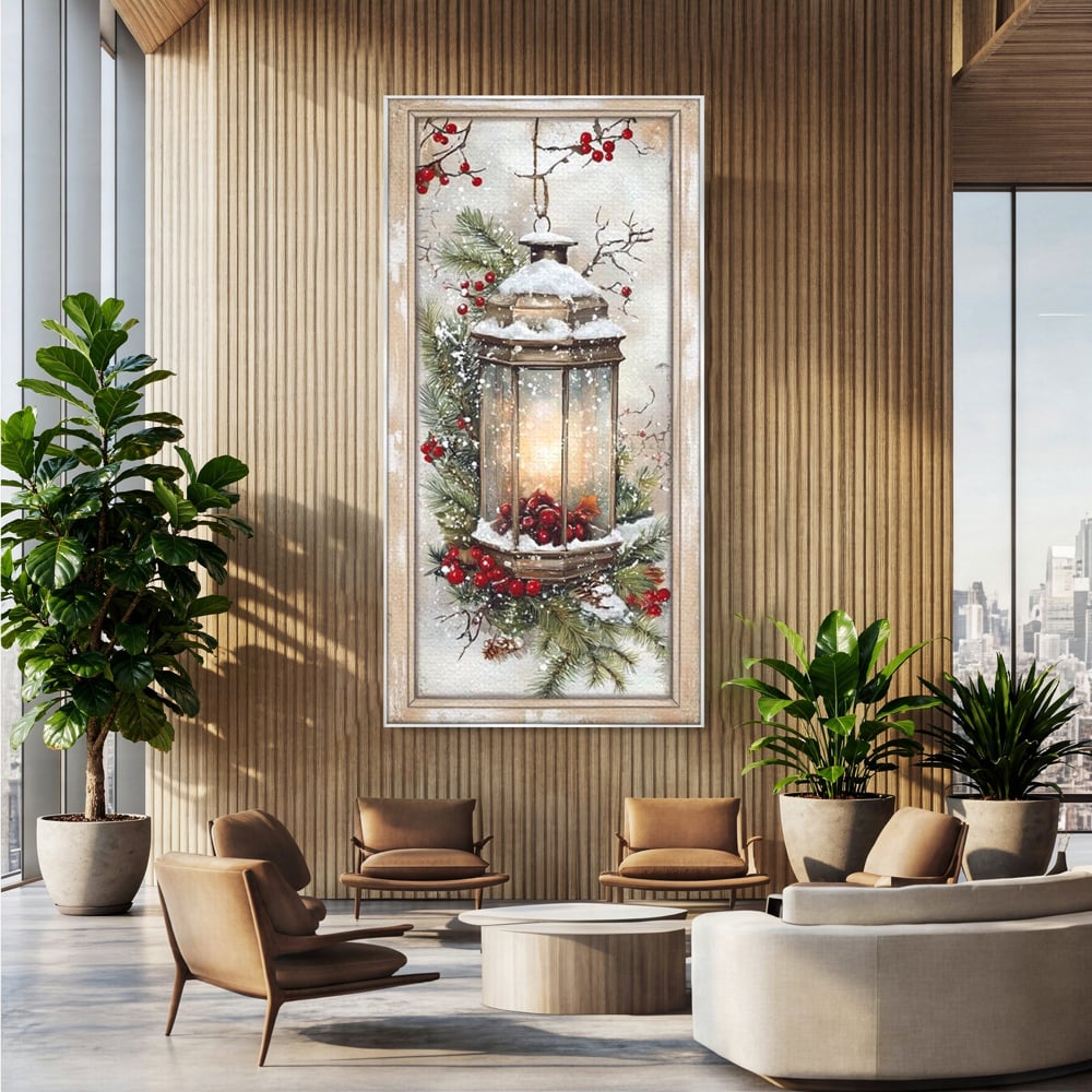 Tablou canvas cu tablou canvas cu felinar de iarna, in rama de aluminiu argintiu, pe perete intr-un birou